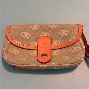 Dooney & Bourke Green and Tan Clutch with Pink Accents